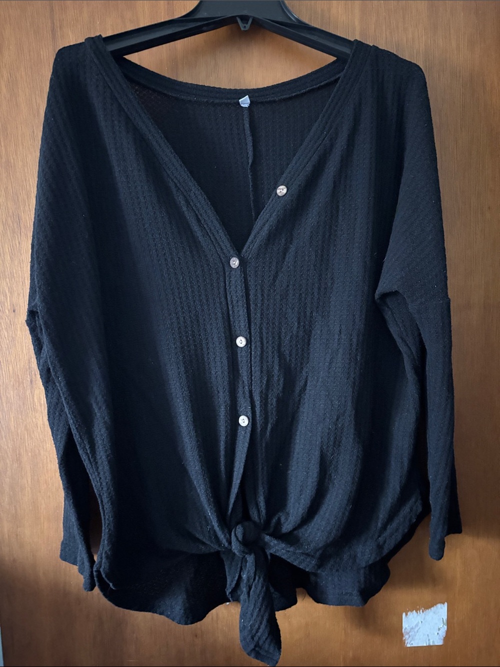 SHEIN Black Button-Front Tie-Hem Long Sleeve Top